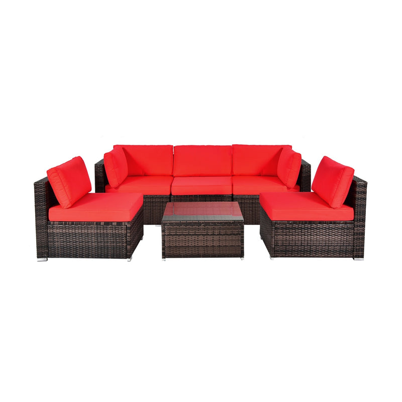 Costway - 6 Pieces Patio Rattan Furniture Set with Cushions and Glass Coffee Table-Red