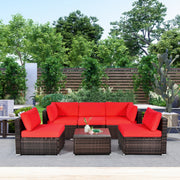 Costway - 6 Pieces Patio Rattan Furniture Set with Cushions and Glass Coffee Table-Red