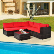 Costway - 6 Pieces Patio Rattan Furniture Set with Cushions and Glass Coffee Table-Red