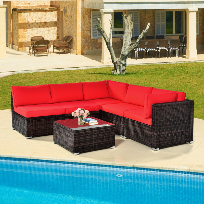 Costway - 6 Pieces Patio Rattan Furniture Set with Cushions and Glass Coffee Table-Red