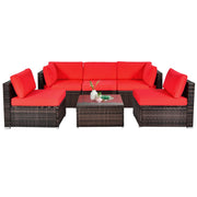Costway - 6 Pieces Patio Rattan Furniture Set with Cushions and Glass Coffee Table-Red