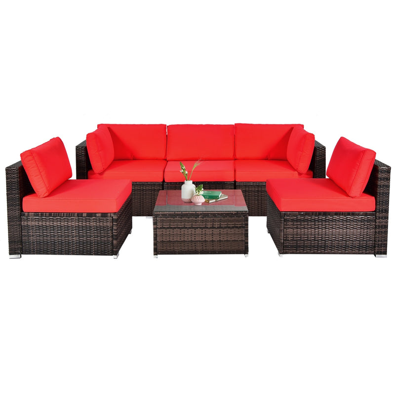 Costway - 6 Pieces Patio Rattan Furniture Set with Cushions and Glass Coffee Table-Red