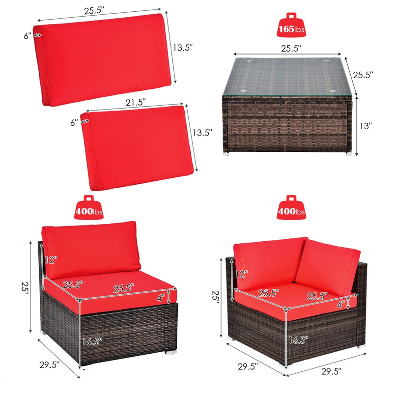 Costway - 6 Pieces Patio Rattan Furniture Set with Cushions and Glass Coffee Table-Red