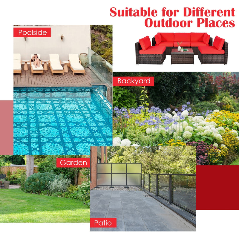 Costway - 6 Pieces Patio Rattan Furniture Set with Cushions and Glass Coffee Table-Red