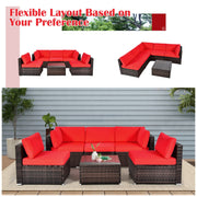 Costway - 6 Pieces Patio Rattan Furniture Set with Cushions and Glass Coffee Table-Red