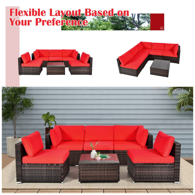 Costway - 6 Pieces Patio Rattan Furniture Set with Cushions and Glass Coffee Table-Red