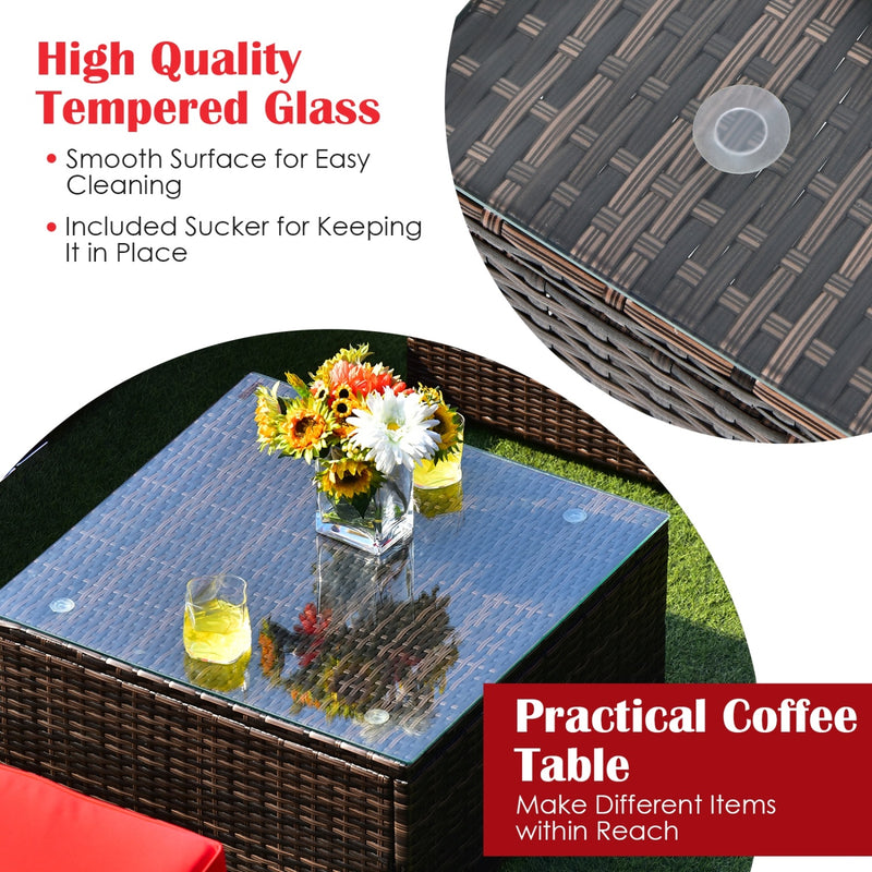 Costway - 6 Pieces Patio Rattan Furniture Set with Cushions and Glass Coffee Table-Red