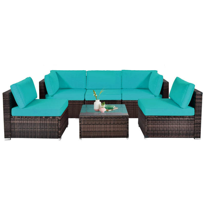 Costway - 6 Pieces Patio Rattan Furniture Set with Cushions and Glass Coffee Table-Turquoise