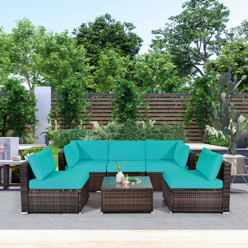Costway - 6 Pieces Patio Rattan Furniture Set with Cushions and Glass Coffee Table-Turquoise