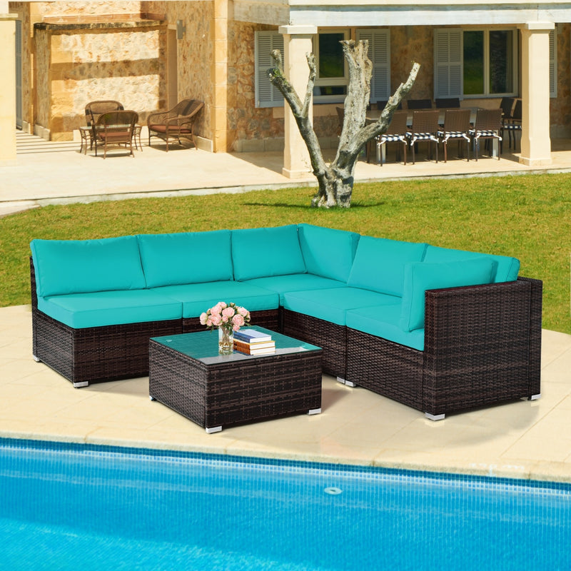 Costway - 6 Pieces Patio Rattan Furniture Set with Cushions and Glass Coffee Table-Turquoise