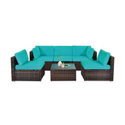Costway - 6 Pieces Patio Rattan Furniture Set with Cushions and Glass Coffee Table-Turquoise