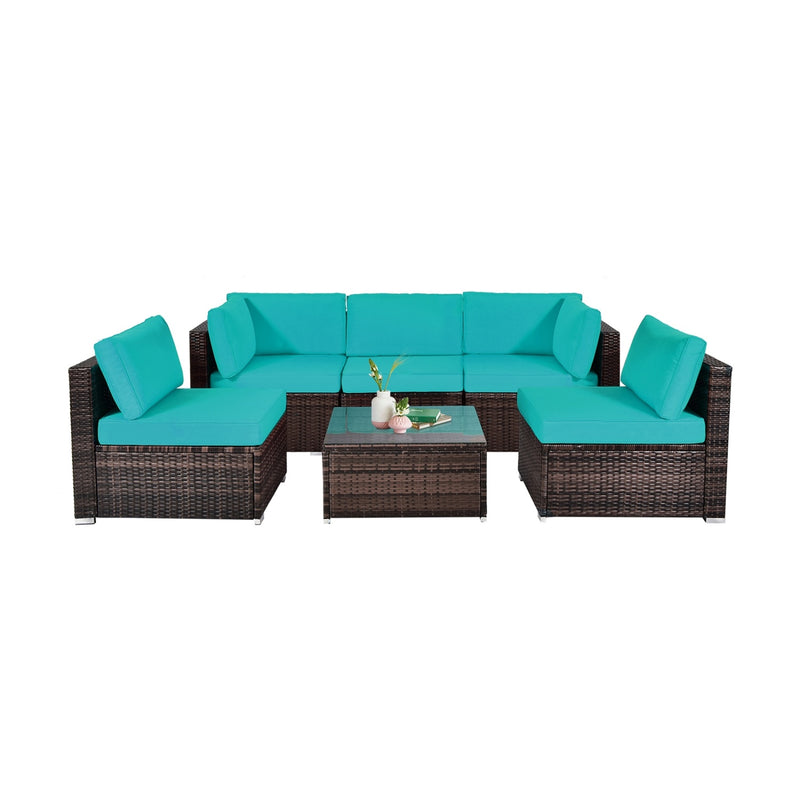 Costway - 6 Pieces Patio Rattan Furniture Set with Cushions and Glass Coffee Table-Turquoise