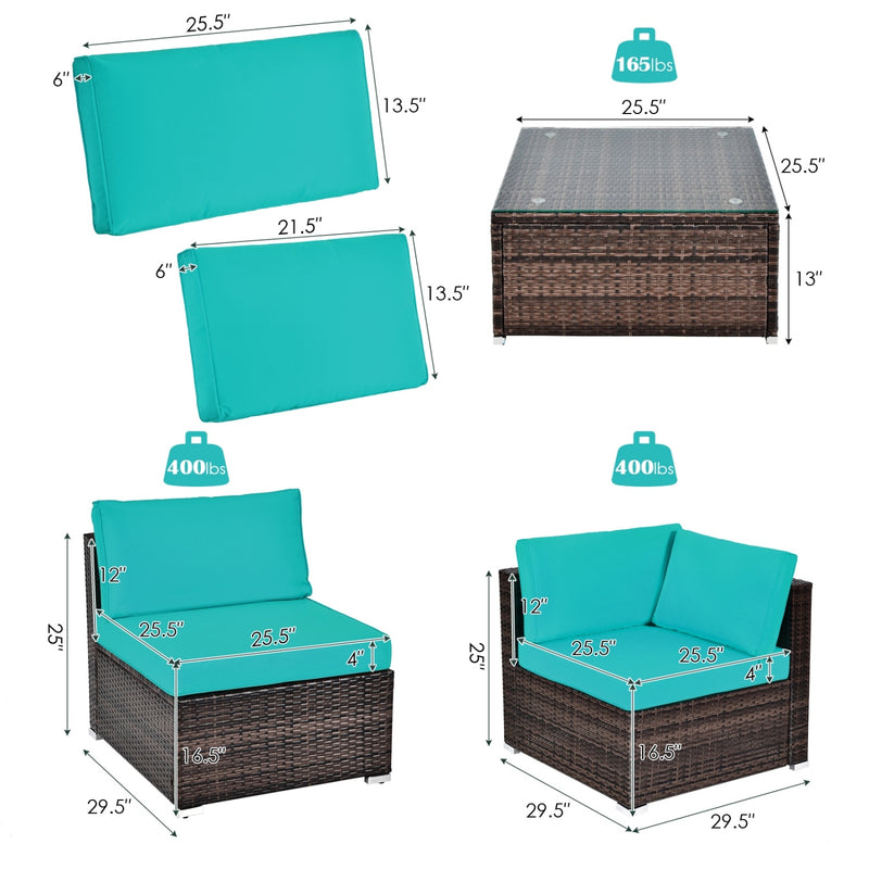 Costway - 6 Pieces Patio Rattan Furniture Set with Cushions and Glass Coffee Table-Turquoise
