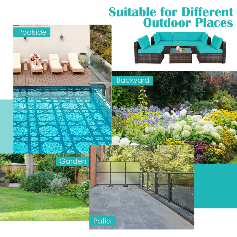 Costway - 6 Pieces Patio Rattan Furniture Set with Cushions and Glass Coffee Table-Turquoise