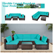 Costway - 6 Pieces Patio Rattan Furniture Set with Cushions and Glass Coffee Table-Turquoise