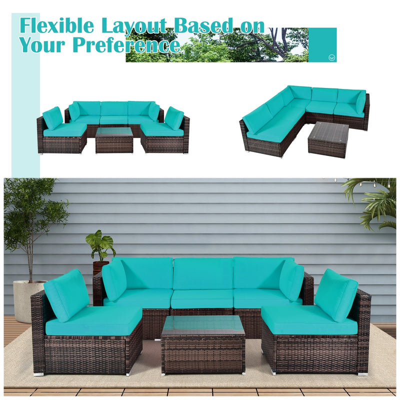 Costway - 6 Pieces Patio Rattan Furniture Set with Cushions and Glass Coffee Table-Turquoise