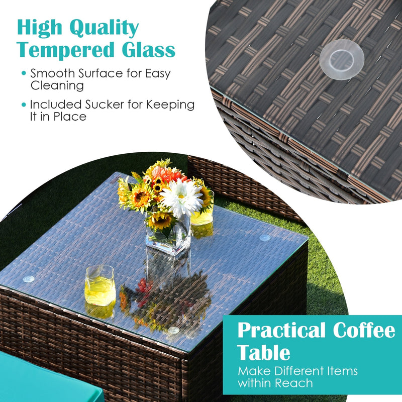 Costway - 6 Pieces Patio Rattan Furniture Set with Cushions and Glass Coffee Table-Turquoise