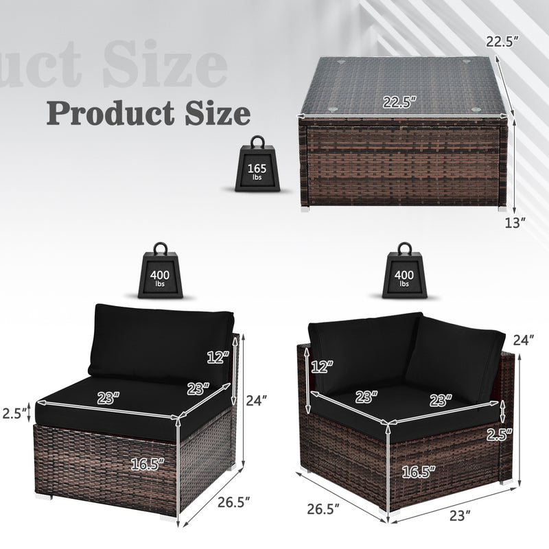 Costway - 6 Pieces Patio Rattan Furniture Set with Cushions and Glass Coffee Table-Black