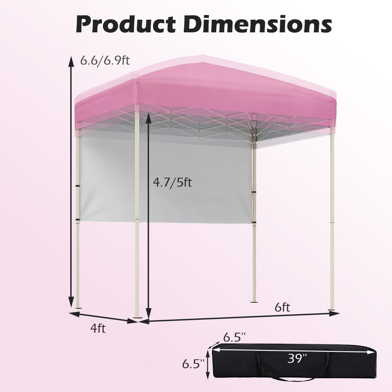 Costway - 6 x 4 FT Pop-Up Canopy Tent with 1 Half Sidewall Easy Setup Folding Outdoor Sun Shelter-Pink