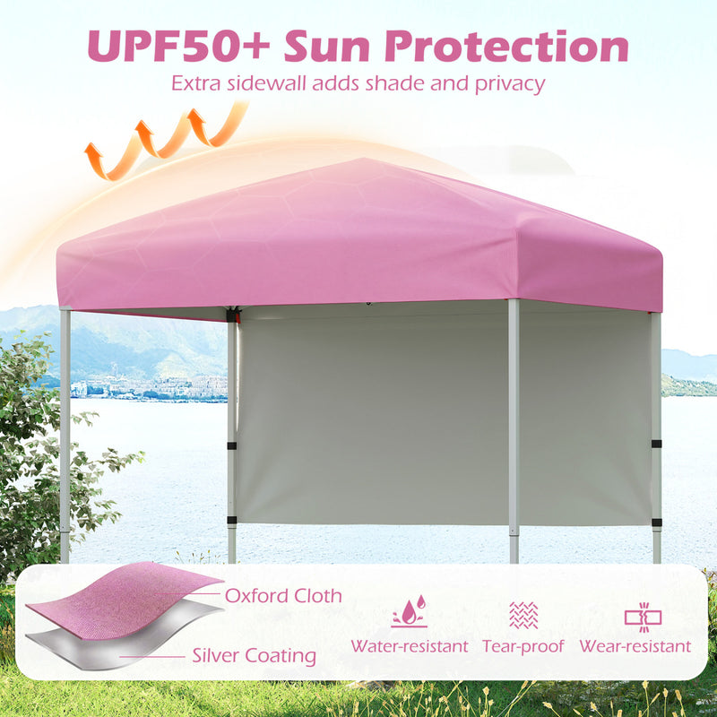 Costway - 6 x 4 FT Pop-Up Canopy Tent with 1 Half Sidewall Easy Setup Folding Outdoor Sun Shelter-Pink