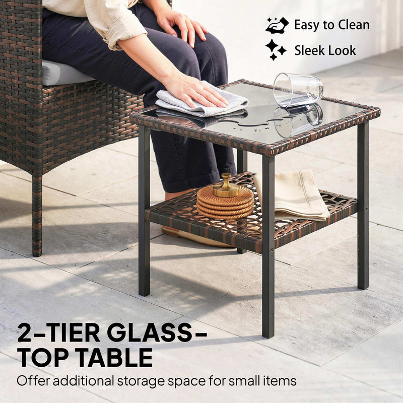 Outsunny - Wicker Bistro Set, 3 Piece Patio Furniture Set with 2-Tier Glass Top Table, Cushions for Balcony, Porch, Dark Grey