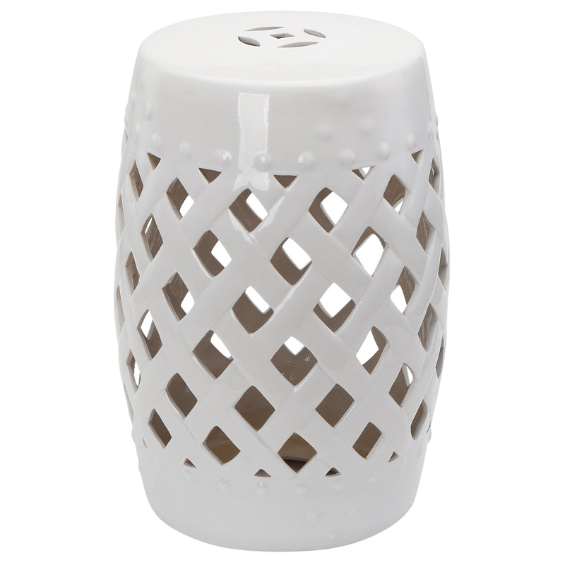Outsunny - 12.4" x 17.9" Ceramic Garden Stool with Woven Lattice Design, Indoor & Outdoor Decorative Accent Stool, White