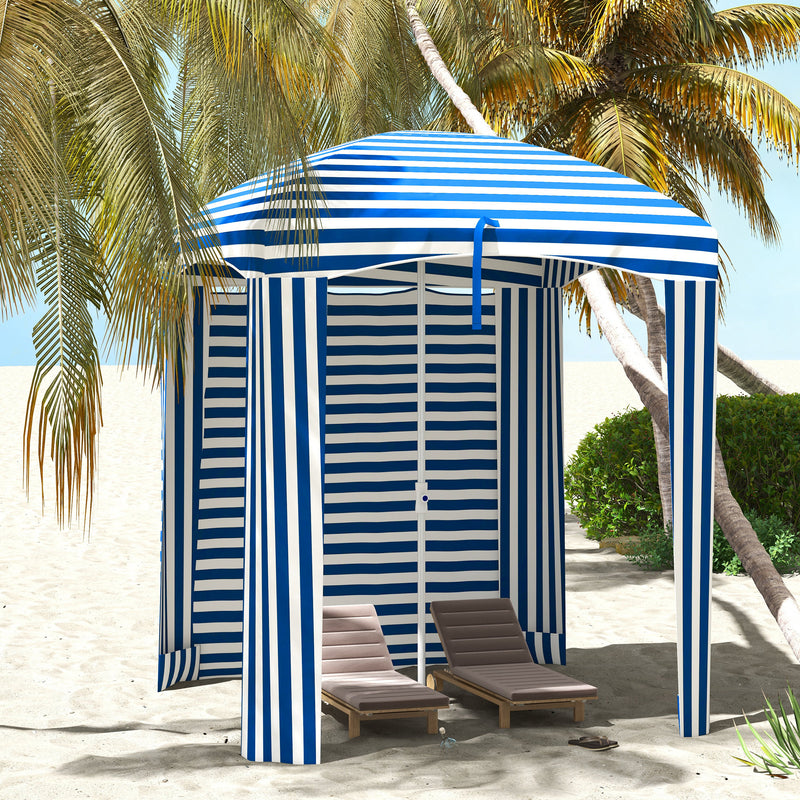 Outsunny - 70.1" L x 70.1" W Cabana Umbrella with Walls, Vents, Ruffles, Carry Bag, Beach Umbrella, Blue White Stripe — 84D-307V00BU
