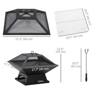 Outsunny - 17.7" Wood Burning Portable Fire Pit, Outdoor Firepit with Cooking BBQ Grill, Spark Screen, Poker for Backyard, Black
