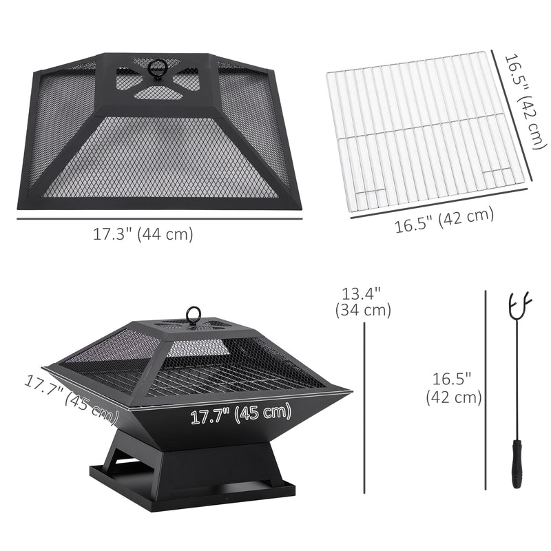 Outsunny - 17.7" Wood Burning Portable Fire Pit, Outdoor Firepit with Cooking BBQ Grill, Spark Screen, Poker for Backyard, Black