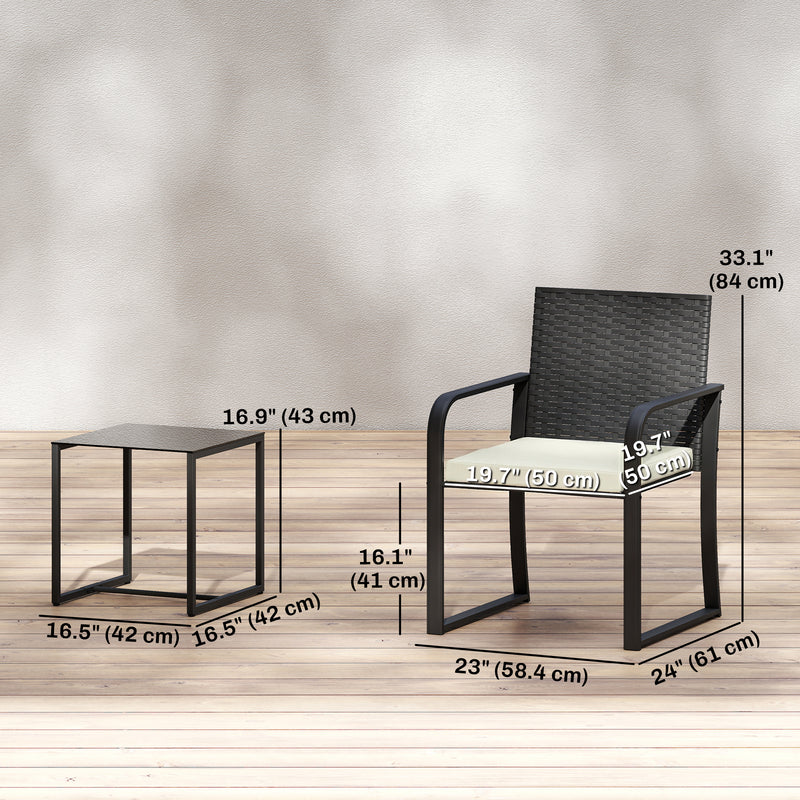 Outsunny - Outdoor Bistro Set, 3 Piece Wicker Patio Furniture with Mesh Seat, Glass Table, Cushions for Porch, Balcony, Cream White