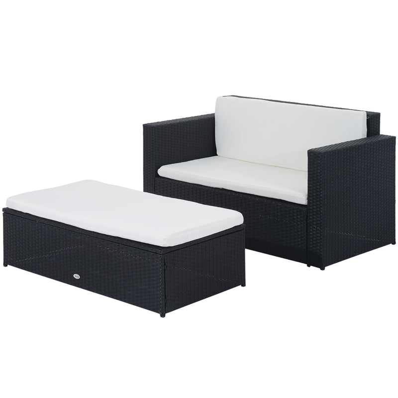 Outsunny - 2 Pieces Wicker Patio Furniture Set with Double Ottoman, Outdoor PE Rattan Conversation Set with Loveseat and Two Seat Ottoman, Cream White