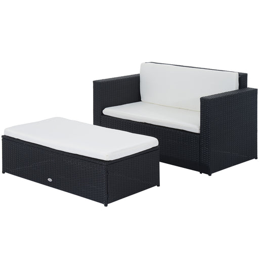 Outsunny - 2 Pieces Wicker Patio Furniture Set with Double Ottoman, Outdoor PE Rattan Conversation Set with Loveseat and Two Seat Ottoman, Cream White