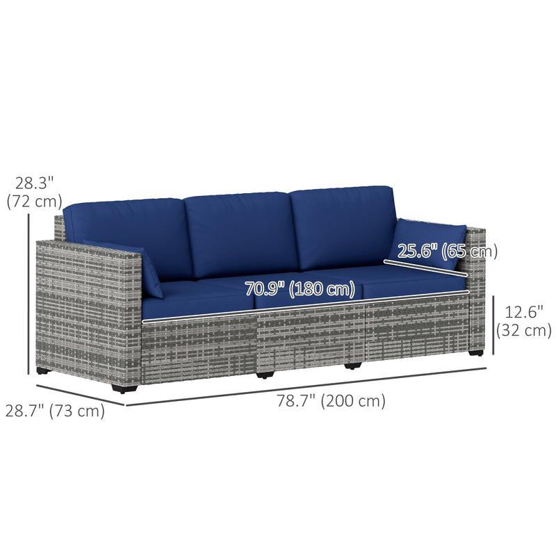 Outsunny - 3-Seater Patio Sofa with Cushions, Rattan Conversation Set with Steel Frame & Washable Cushion Covers, Dark Blue