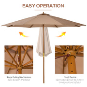 10' x 8' Wooden Patio Umbrella, Garden Parasol, Outdoor Sunshade Canopy with Bamboo Rib for Outdoor, Khaki