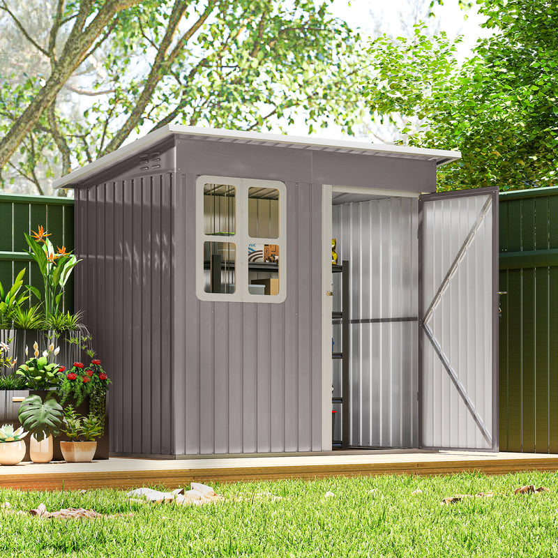 7' x 4' Galvanised Steel Outdoor Storage Shed, Garden Shed with Window, Lockable Wide Door and Air Vents, Warm Grey