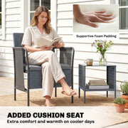Outsunny - 3 Piece Wicker Patio Furniture Set, Outdoor Bistro Set, Side Pockets, Mesh Seat, 2 Tier Glass Table, Cushions, Grey
