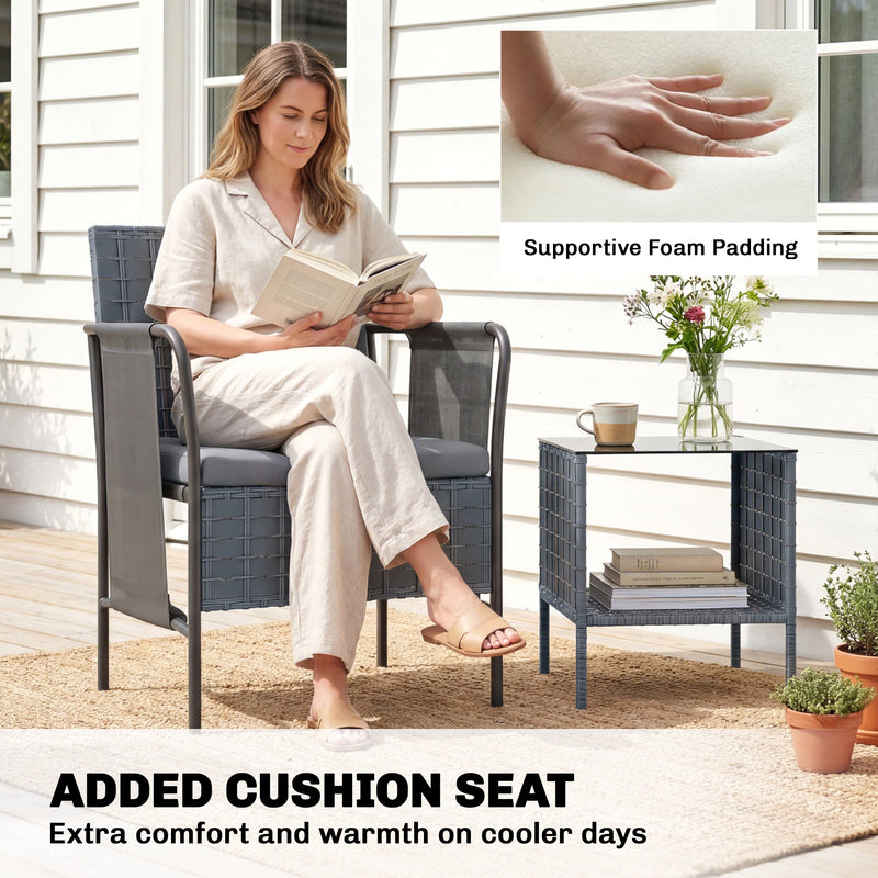 Outsunny - 3 Piece Wicker Patio Furniture Set, Outdoor Bistro Set, Side Pockets, Mesh Seat, 2 Tier Glass Table, Cushions, Grey