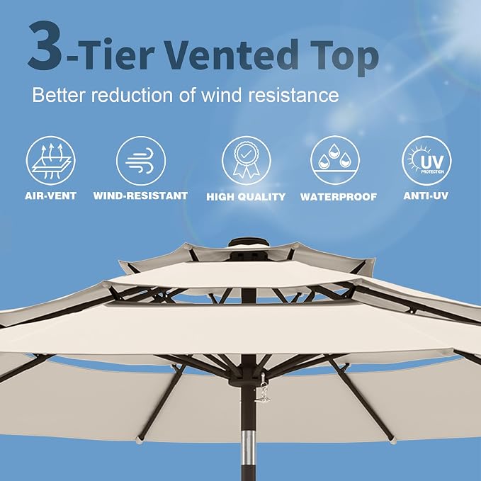 9FT 3-Tier Patio Umbrella – Outdoor Market Umbrella with 8 Fiberglass Ribs for Patio, Pool, Deck & Backyard