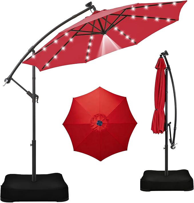 7.5/9FT Patio Umbrella with Solar LED Lights – Outdoor Market Umbrella with Base & Sandbags, Dual 30° Tilt, UPF 50+ UV Protection