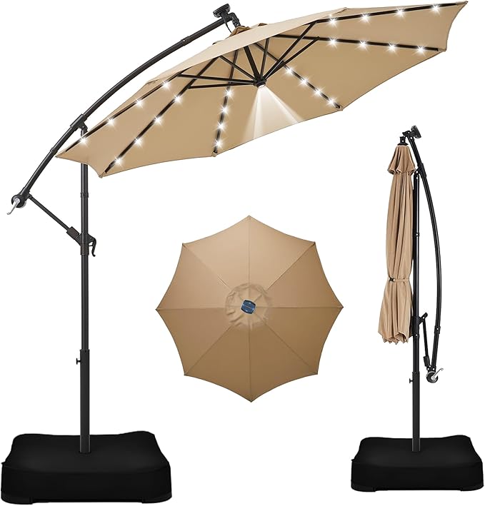 7.5/9FT Patio Umbrella with Solar LED Lights – Outdoor Market Umbrella with Base & Sandbags, Dual 30° Tilt, UPF 50+ UV Protection