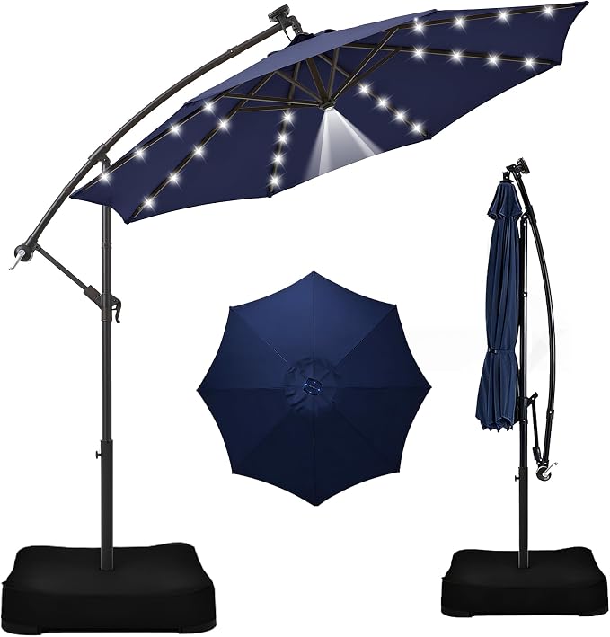 7.5/9FT Patio Umbrella with Solar LED Lights – Outdoor Market Umbrella with Base & Sandbags, Dual 30° Tilt, UPF 50+ UV Protection