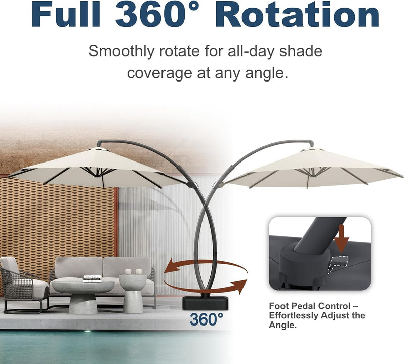 11FT Cantilever Umbrella with Base – Large Curvy Outdoor Aluminum Offset Umbrella with 360° Rotation, UV-Resistant Canopy for Patio, Garden & Backyard (Creamy White)