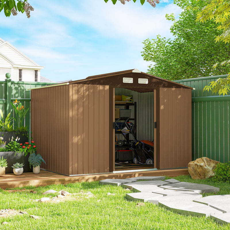9.1 x 6.4 x 6.3 ft Garden Metal Storage Shed with Floor Foundation, Durable Outdoor Tool Storage House with Double Doors, Weather-Resistant, Dark Grey Yellow