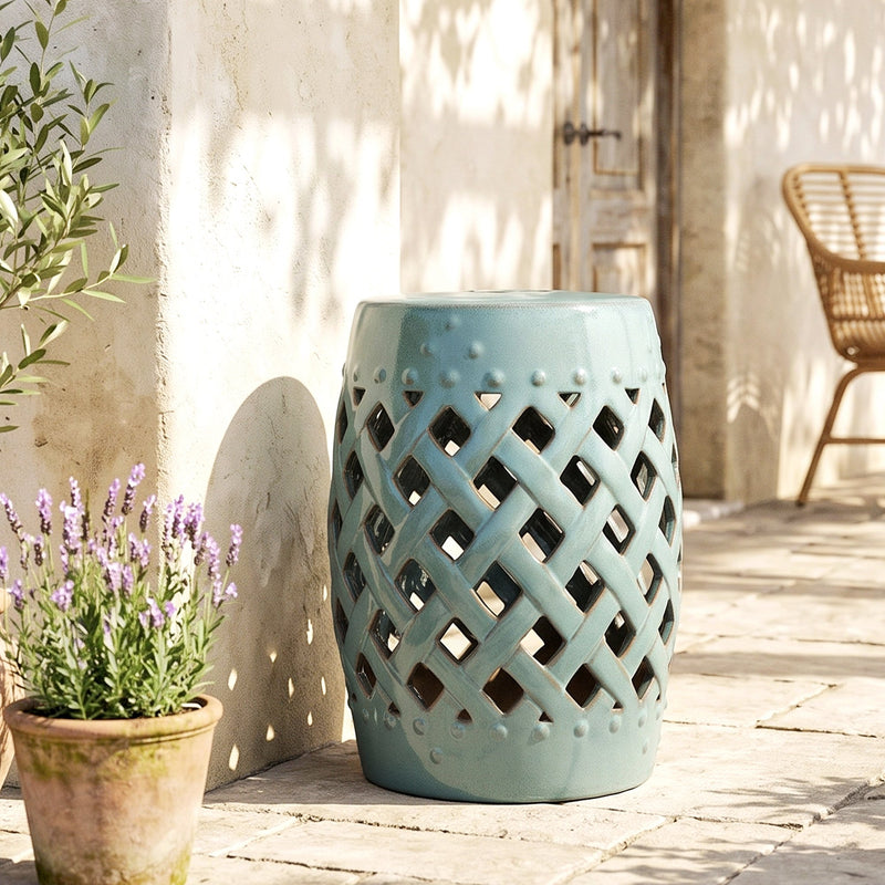 Outsunny - 12.4" x 17.9" Ceramic Garden Stool with Woven Lattice Design, Indoor & Outdoor Decorative Accent Stool, Blue