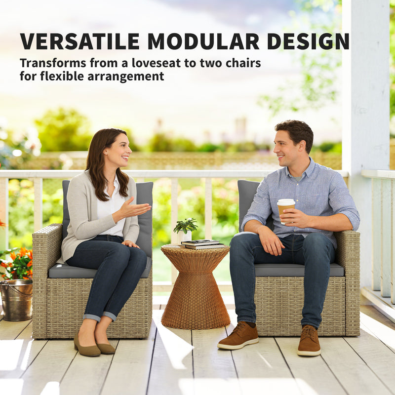 Outsunny - Wicker Outdoor Sofa with Side Trays, Rattan Patio Loveseat with Cushions for Garden Balcony, Light Grey