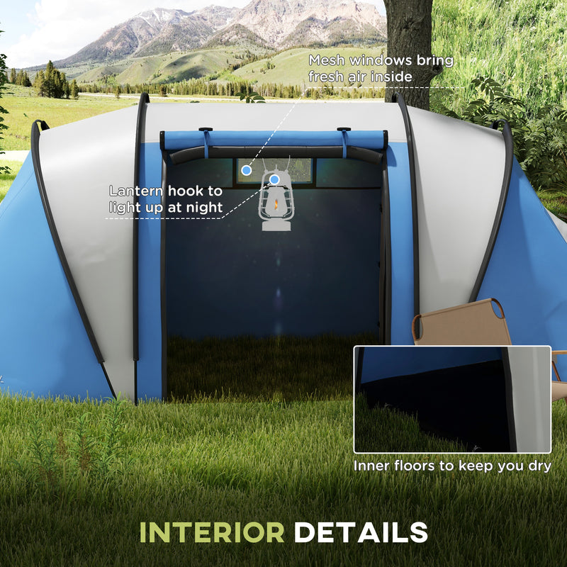 Outsunny - Camping Tent with 2 Bedrooms and Living Area, 3000mm Waterproof Family Tent, for Fishing Hiking Festival, Blue