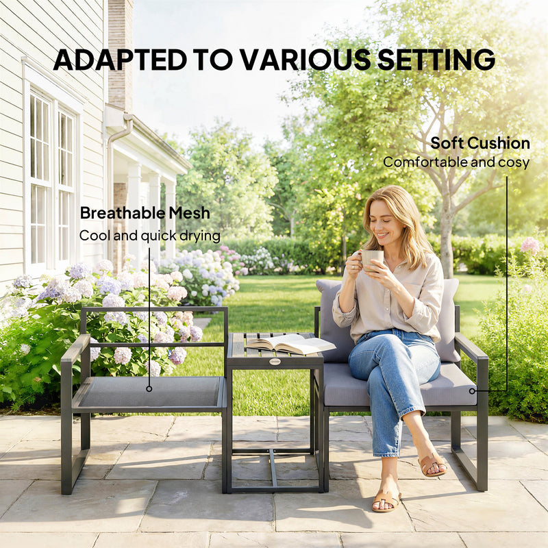 Outsunny - Outdoor Bistro Set, Patio Furniture Set with 2 Chairs and Side Table for Garden Balcony Poolside, Grey