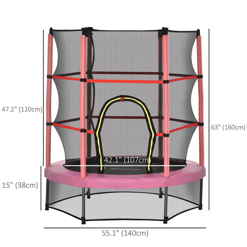 Aosom 55" Kids Trampoline with Enclosure Net for Indoor/Outdoor, Trampoline for Boys and Girls Age 3-6 Years, Pink