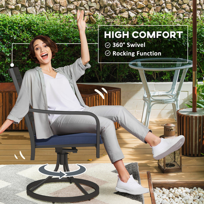 Outsunny - 2 Pieces Patio Swivel Chairs with Cushion, Outdoor Swivel Rocker with Curved Armrests, Backrest for Garden, Balcony, Porch, Navy Blue