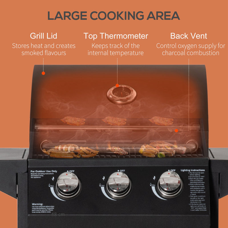 Outsunny - Outdoor 3 Burner Gas Grill Portable Barbecue w/ Wheels, Warming Rack, Shelves, Cabinet, Thermometer, Black